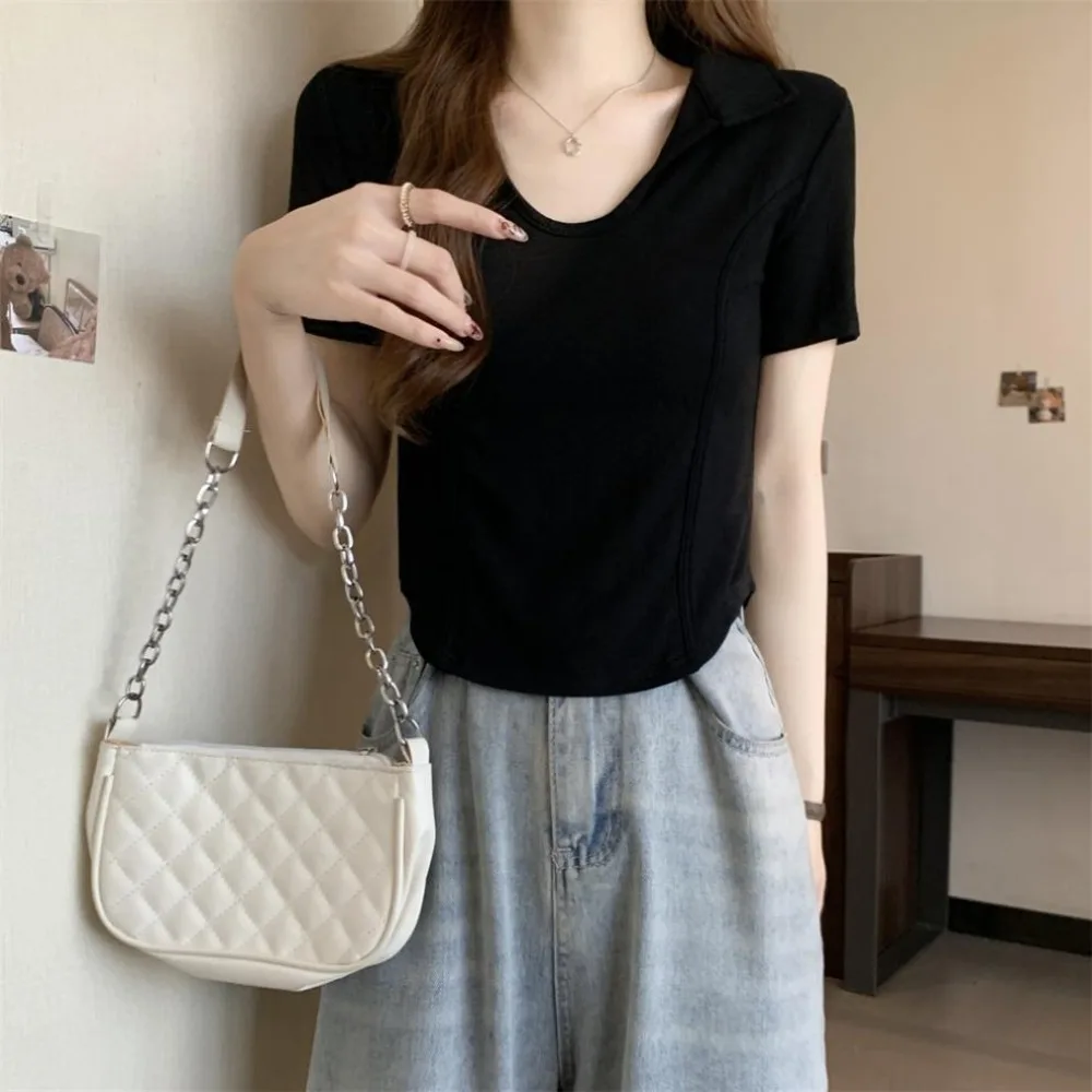 Soft V-neck Short Sleeve T Shirt Slim Fit Pullover Y2k Crop Tops Women Chic All-match V Neck Blouses Woman