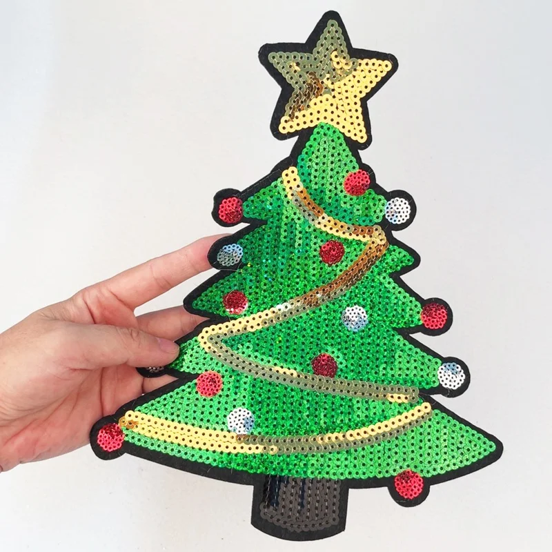 Christmas Tree Patch Embroidery Sequin Iron On Patches For Clothing Thermoadhesive Patches DIY Stripe ELK Applique On Clothes