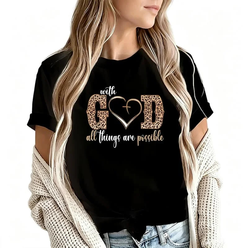 With God All Things Are Possible Women's T-Shirt 100% Cotton Funny Graphic Short Sleeve Tee Novelty Shirt Casual Crew Neck Top S-5Xl