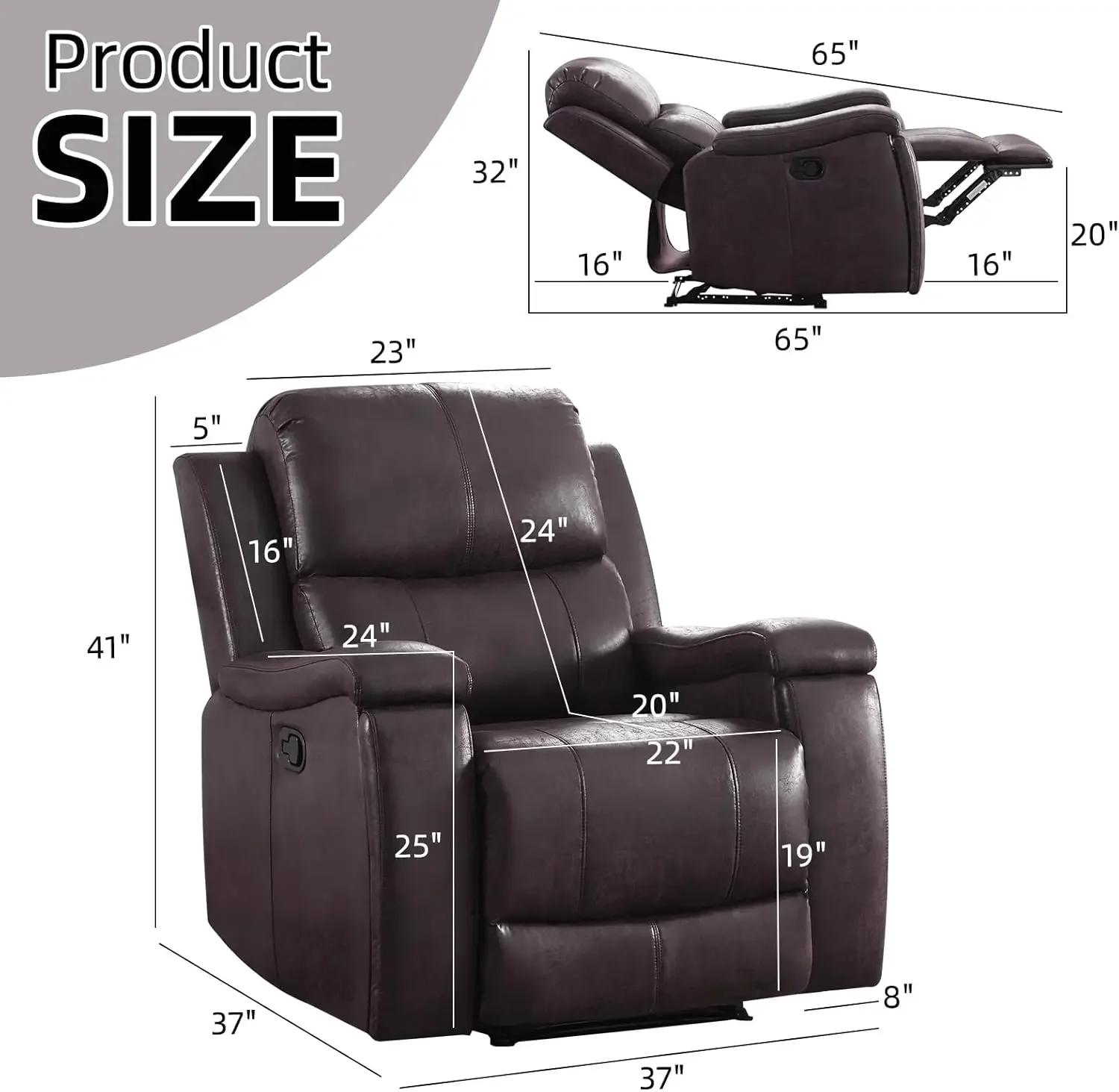 Dark Brown Manual Recliner Chair Faux Leather Single Sofa Overstuffed Back Arms Concealed Cup Holders