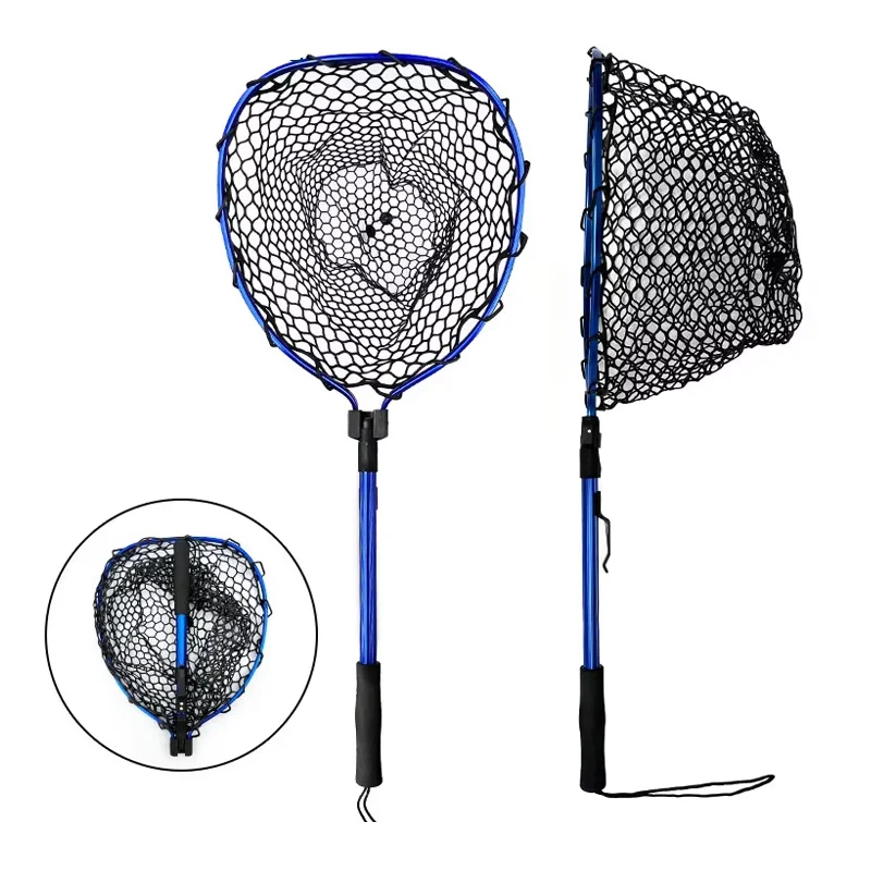 Foldable Fly Fishing Landing Net Trout Bass Net Aluminum Telescopic Pole Soft Rubber Mesh Catch and Release Net