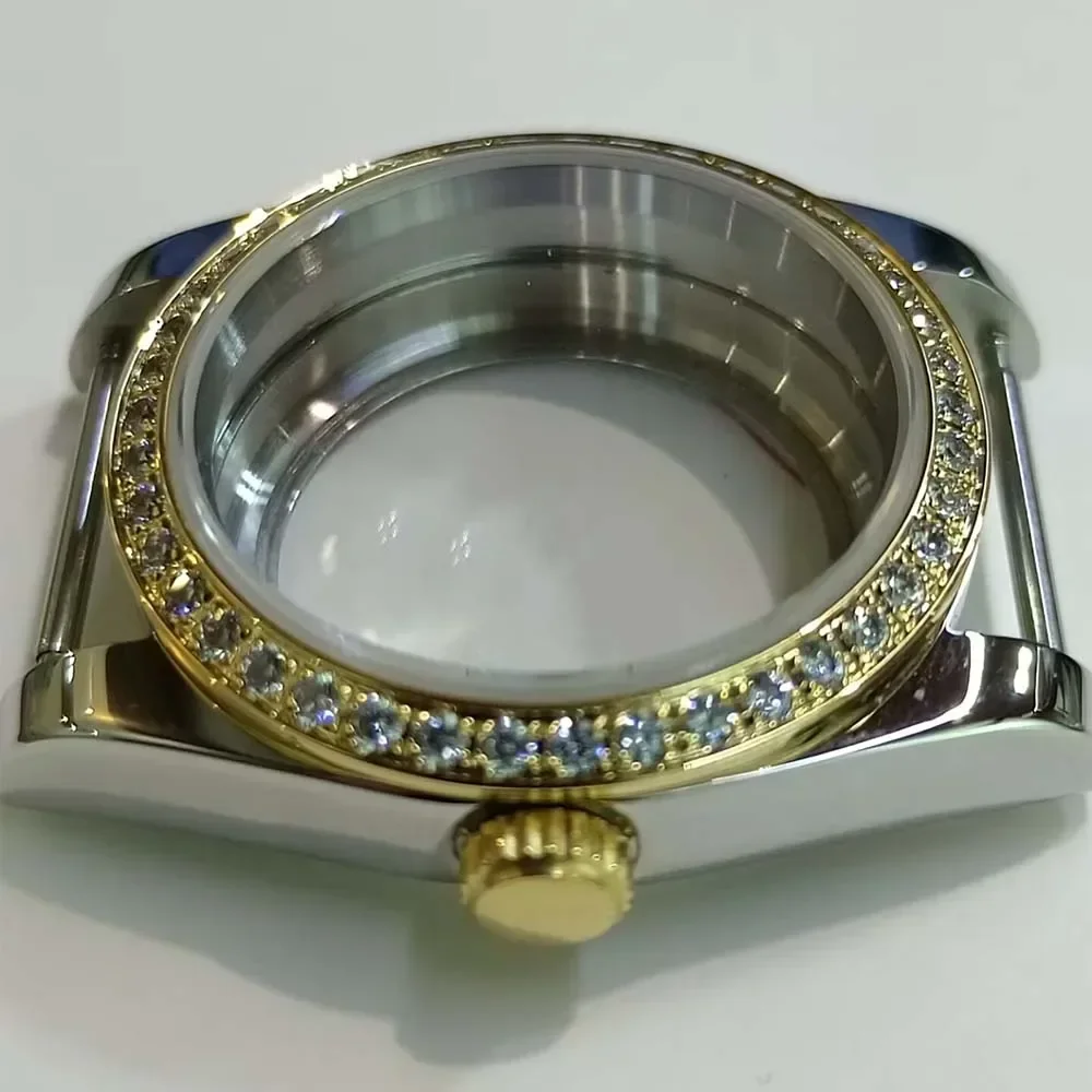 NH35 36mm Case Sapphire Glass Transparent Bottom Oyster Perpetual Stainless Steel Diamond Watch Case for NH36 Movement