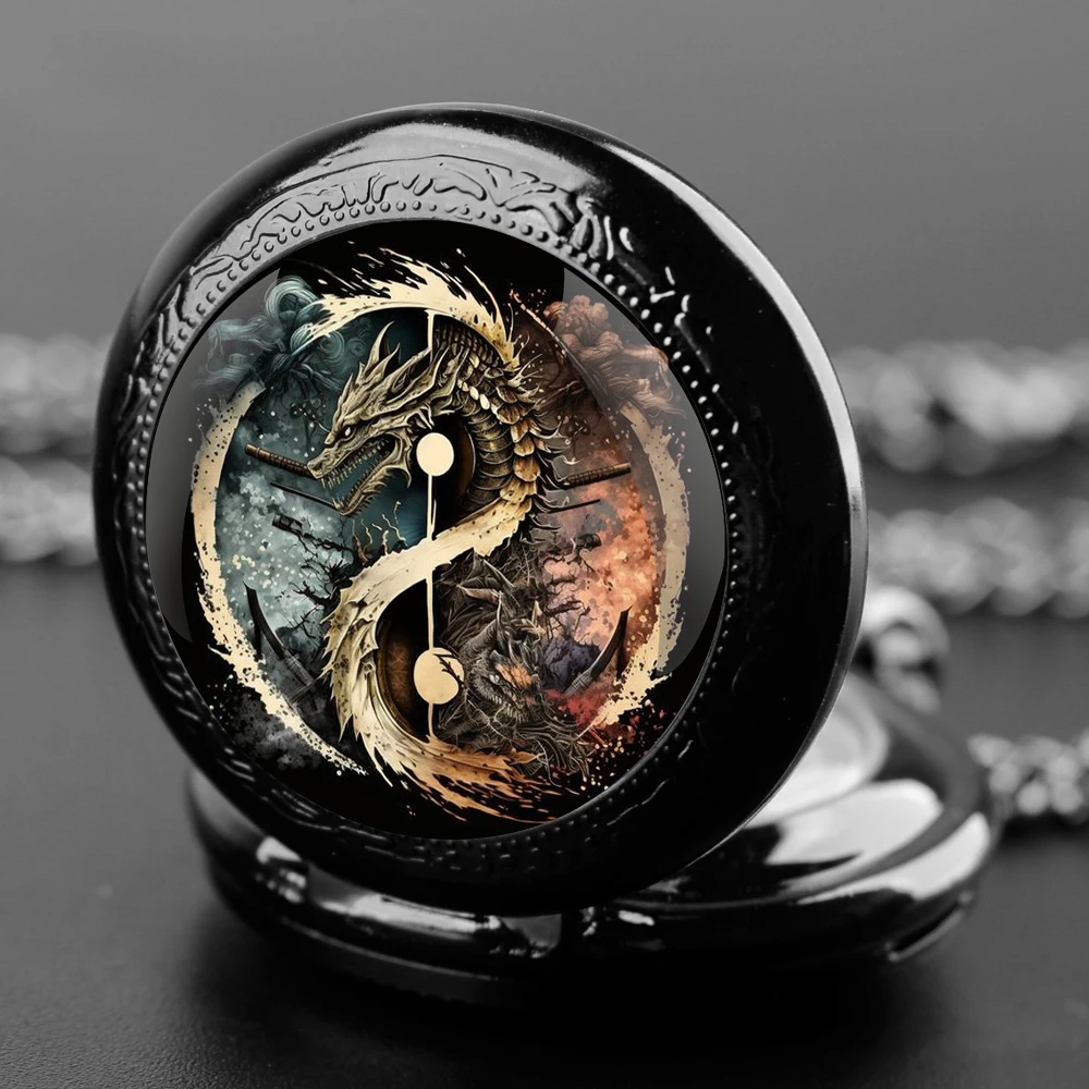 Exquisite Yin-Yang Keel Glass Dome Quartz Pocket Watch Necklace Pendant Gifts For Women Man with Fob Chain