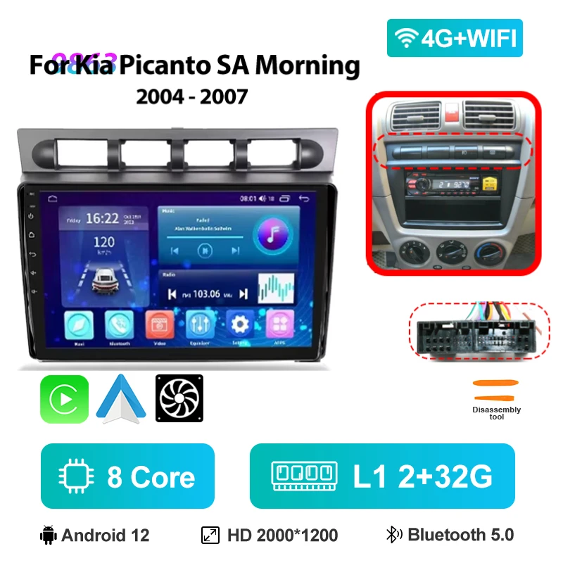 9 "Android Auto Multimedia Voor Kia Picanto SA Mroning 2004-2007 Carplay Speler 2Din Stereo Autoaudio Head Unit navigatie GPS - afbeelding 1