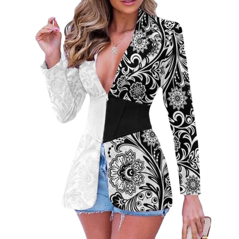 Autumn Vintage Abstract Printing Office Lady Blazer Coat Turn-down Collar Patchwork Outerwear Winter Long Sleeve Slim Women Tops