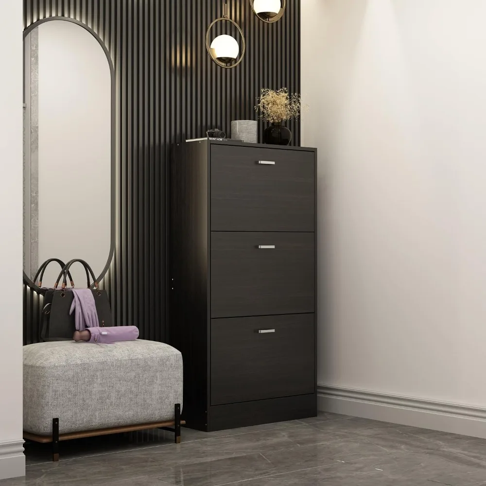 

Storage Cabinet with 3 Flip Drawers, Slim Cabinet for Entryway, Hidden Organizer, Modern Wooden Narrow Shoe Rack