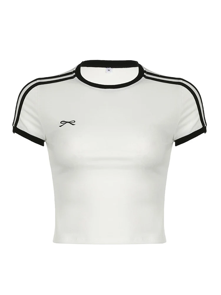 Women's Contrast Embroidered Bow Crop Top Casual Striped Print Short Sleeve Slim Fit White T-Shirt Y2K Streetwear Tees