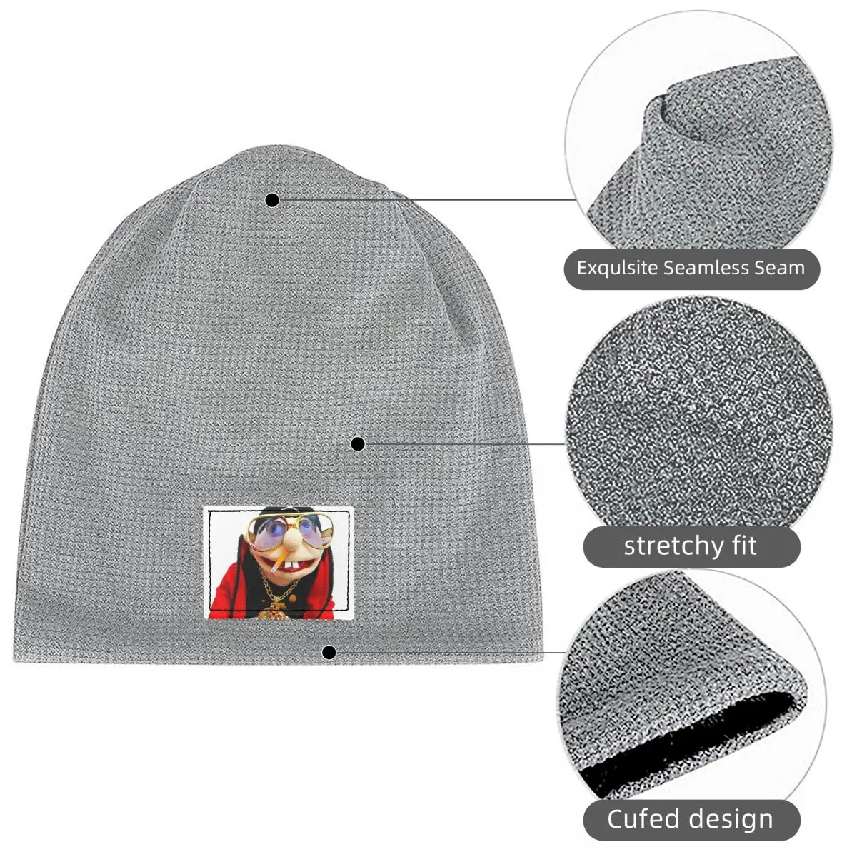 SML Rapper Jeffy Waffle Knit Fleece Lined Beanie with PU Leather Patch Unisex Warm Winter Soft Cap