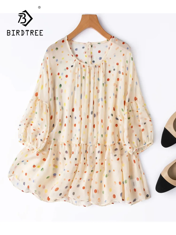 BirdTree-100%Real Silk Double Crepe Elegant T-Shirt, O Neck Dot Print, Women Age Reduction Loose Tops, 2026 Autumn New T67587CC
