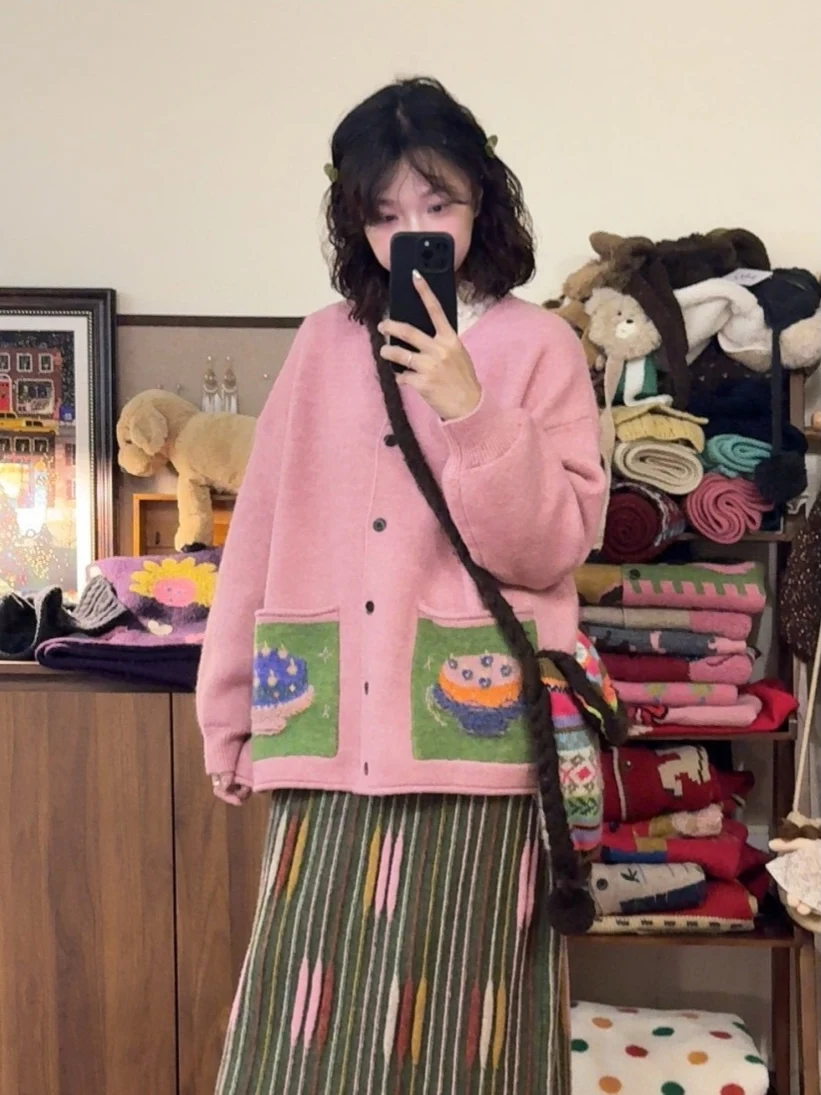 

Sweet Stberry Cake ket Knitted Sweater Jaet Pink Girl's Loose Fit Cardigan Warm Autumn Winter Faion Casual Knitwear