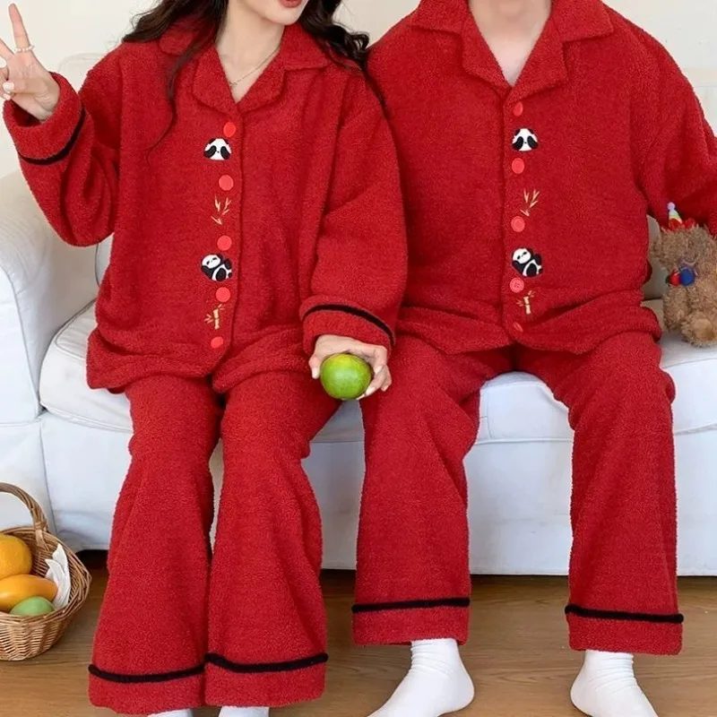 

Red Zodiac Year Couple Coral Fleece Pajamas Women in Autumn Winter Thickened Half-fleece for Men Wedding Home Wear Comfort Warm