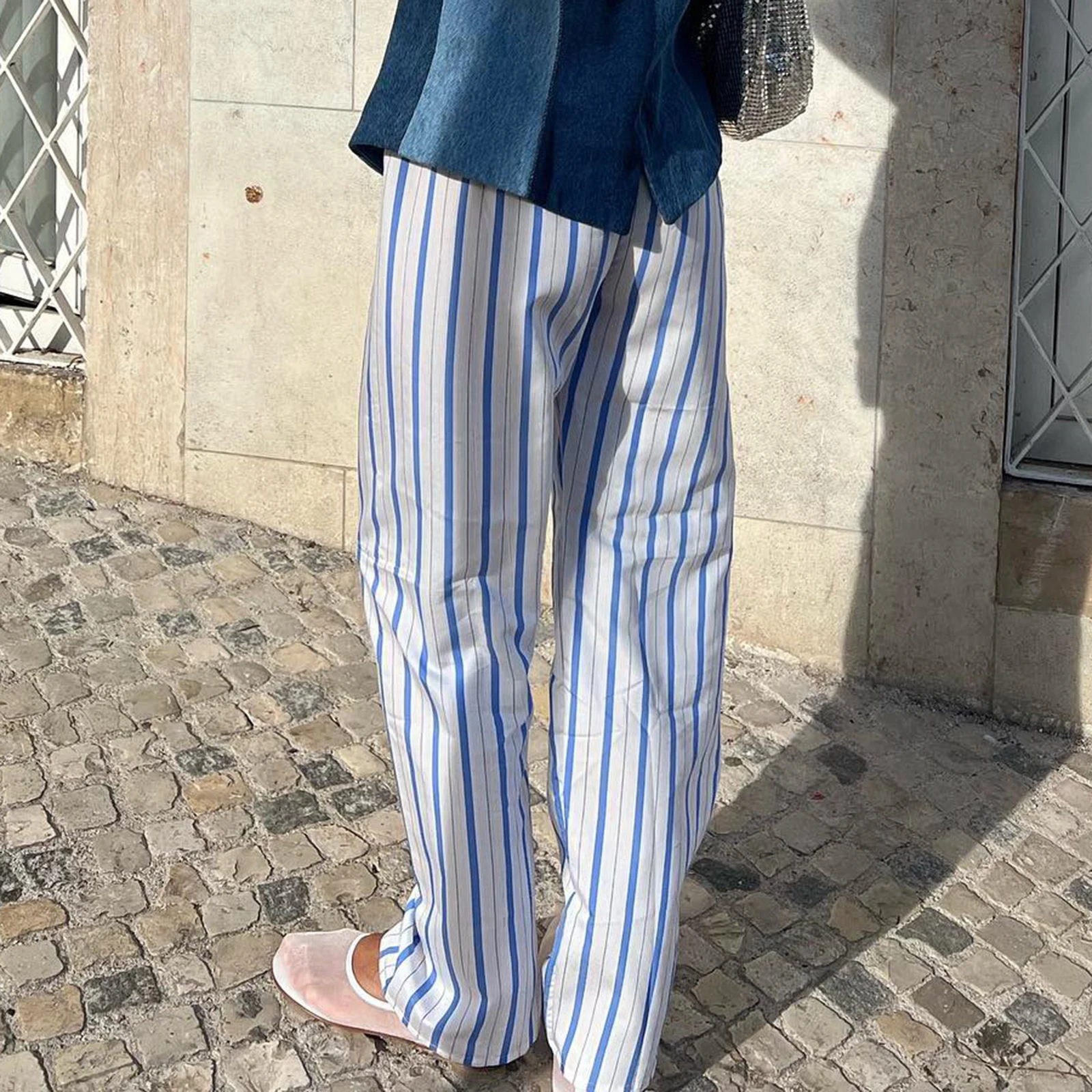 Combhasaki Womens Casual Cleanfit Striped Pants Elastic Low Waist Striped/Plaid Loose Aesthetic Trousers Streetwear with Pockets