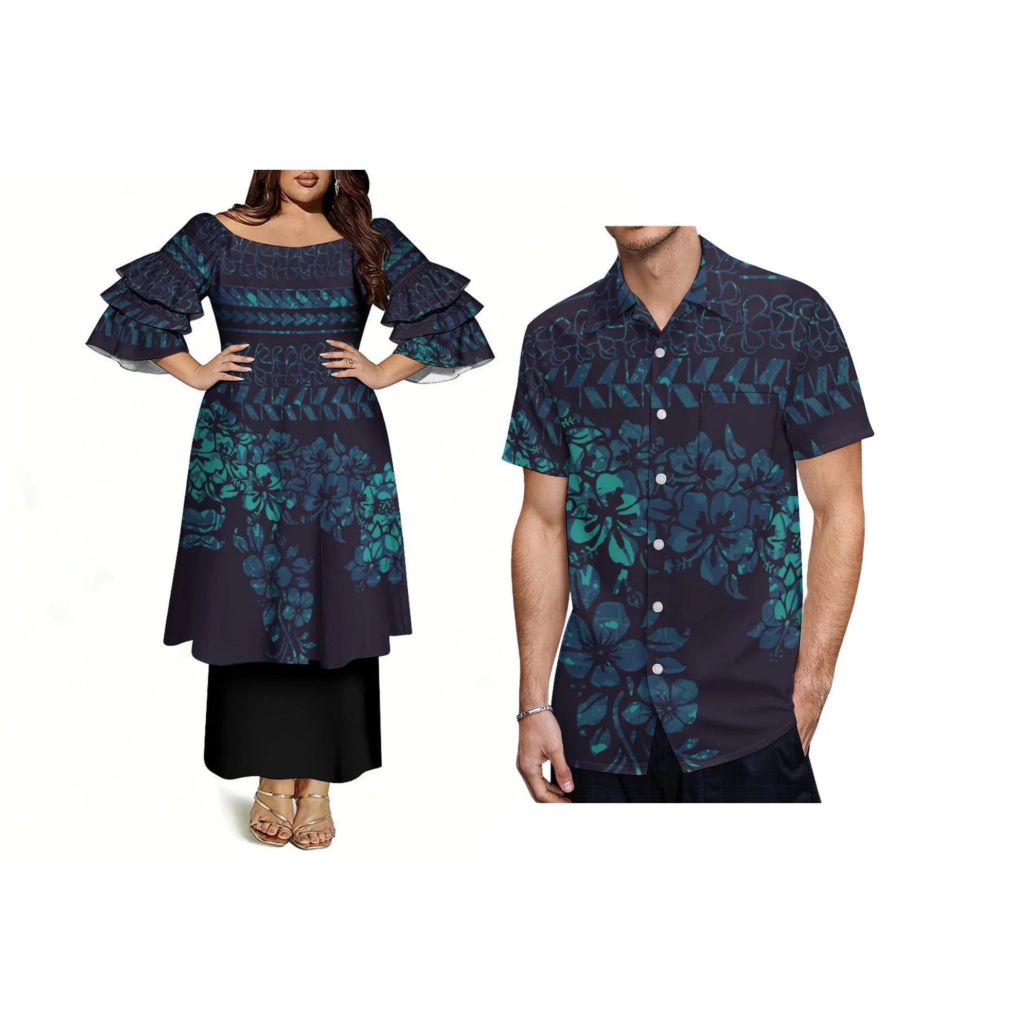 

Hot Sale Samoan Polynesian Print Womens Long Custom Big People Party Dress Three Layer Sleeve Dress 2pcs