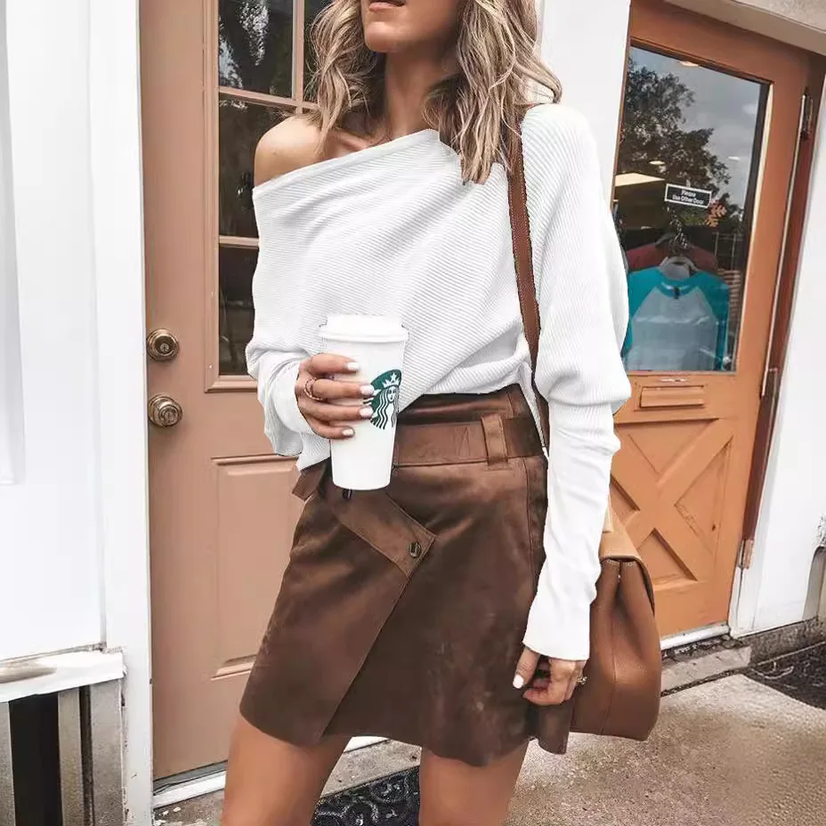 2025 ملابس نسائية جديدة الخريف والشتاء الخفافيش بأكمام طويلة كلمة واحدة تي شيرت بياقة أعلى الأوروبية والأمريكية #2