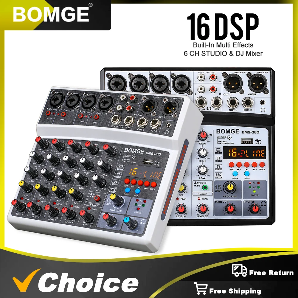 BOMGE Wireless 6 Channel Audio Mixer Portable Mixing Console USB Interface Sound Card With 16 DSP Echo 48V Phantom Power 