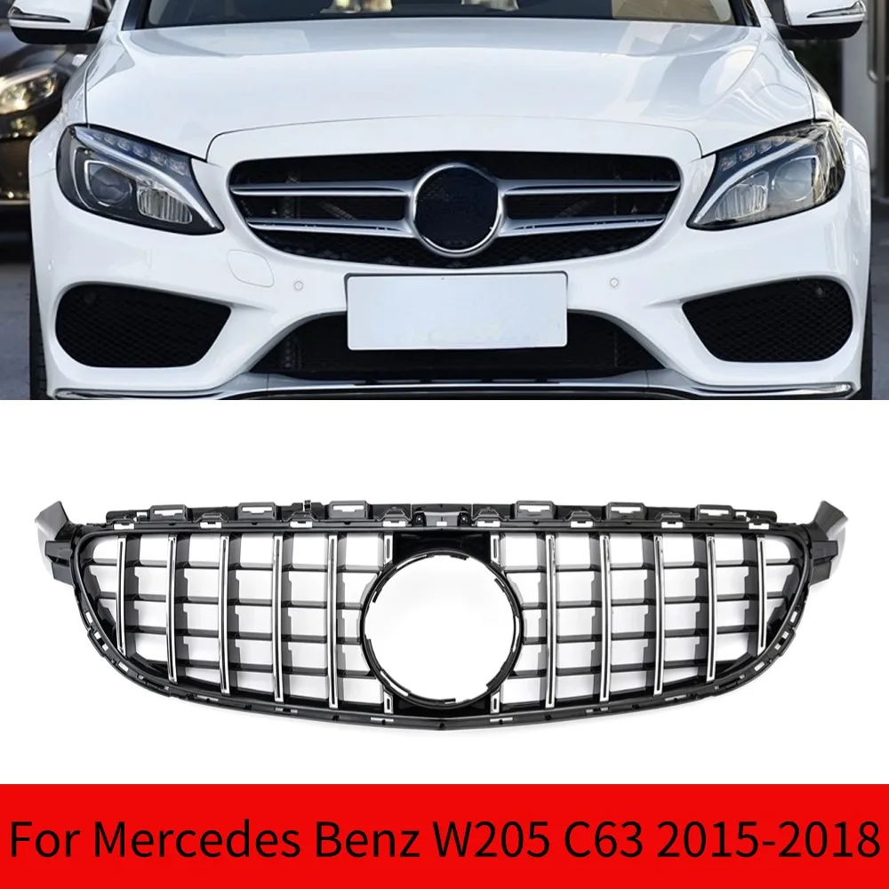 

For Mercedes Benz W205 C63 C63S AMG 2015 -2018 GT R Style Front Grille Grill Black/Silver Upper Bumper Hood Mesh Grid