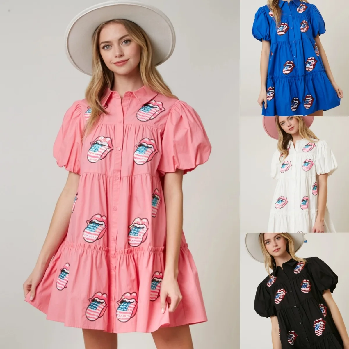 

A-line Loose Cute Sequin Shirts Women Dress 2024 Fashion Big Mouth Sequined Vestidos Retro Bubble Short Sleeve Mini Dresses