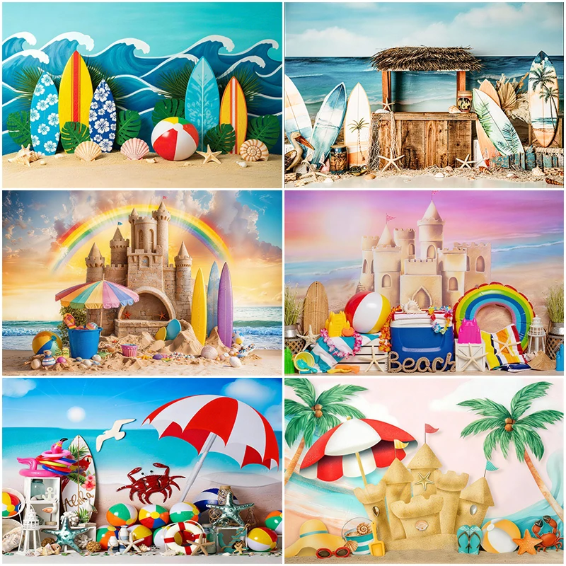 

LS Summer Beach Castles Backdrops Kids Baby Photography Props Child Audlt Photocall Birthday Cake Smash Palm Trees Backgrounds