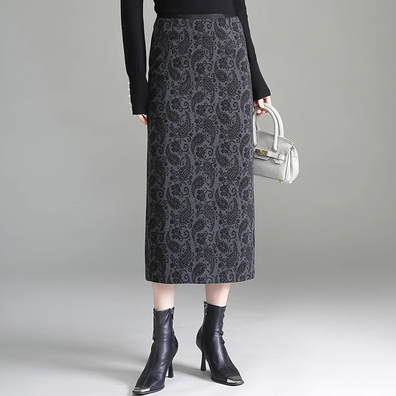 

Autumn Winter High Waist Slimming Printed Woolen Skirt Women's Midi Skirt Wrap Open Straight Tube Skirt Faionable Commute