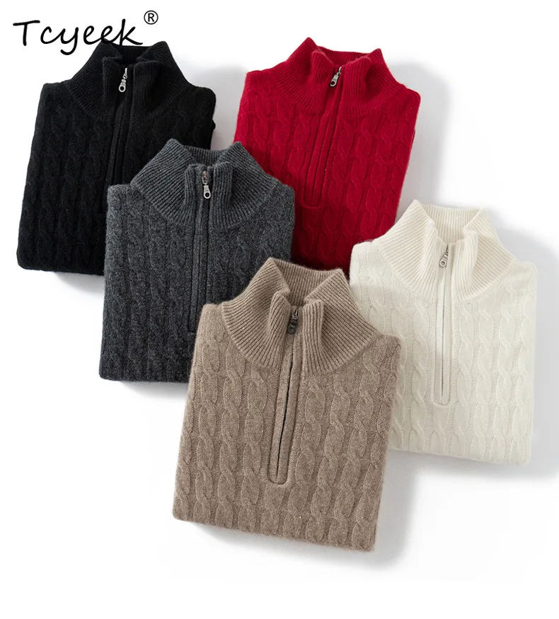 Tcyeek, 7G 100%Pure Cashmere Elegant Sweaters, Women Lapel Zipper, Fashion Casual Sweater, 2024 Autumn Winter Top T488103QC