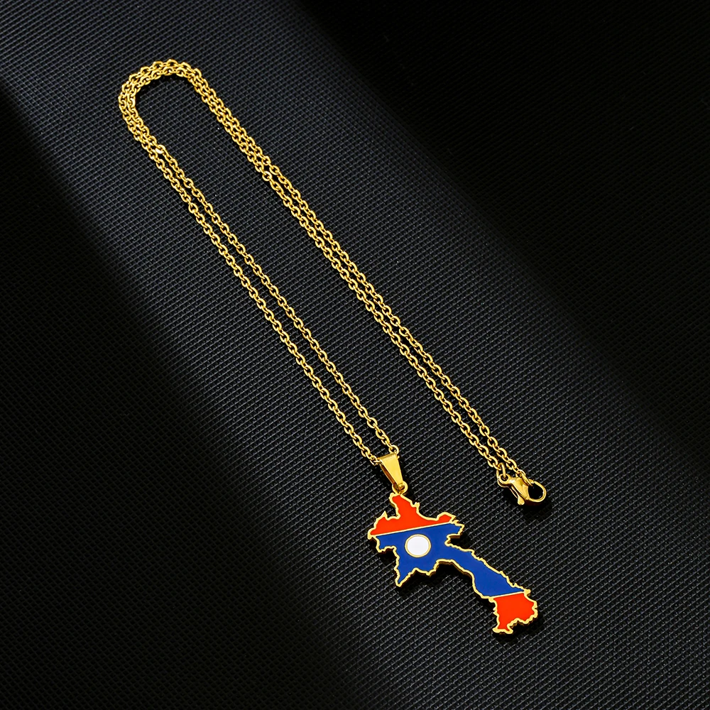 لاو الشعب جمهورية الديمقراطية خريطة العلم قلادة قلادة الفولاذ المقاوم للصدأ الرجال النساء لاوس خرائط المجوهرات هدية #4