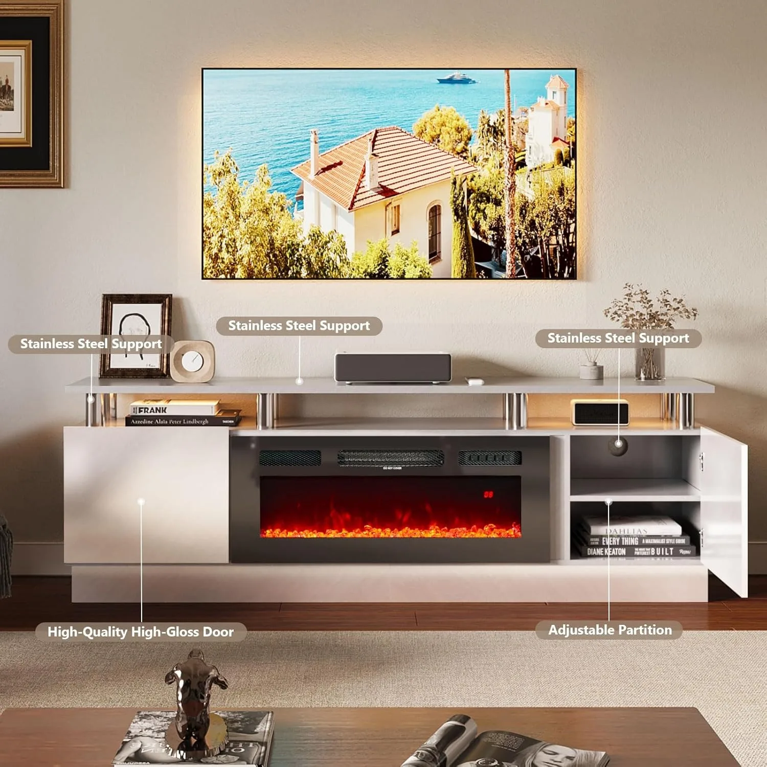 Soporte de TV integrado con chimenea eléctrica de 36 ", consola de 2 niveles de 70" de hasta 80 para televisores ", Ideal para ajustes de sala de estar, gris