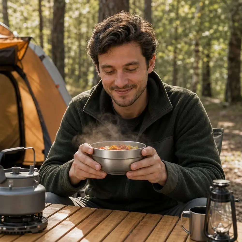 Reine Titan-Camping-Schüssel, leichte, doppelwandige, hitzebeständige Suppenschüssel, stapelbares Reisegeschirr, Outdoor-Ausrüstung für Picknicks. – Detail 10