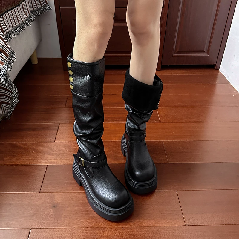 Autumn Winter Platform Thick Bottom Women Long Boots Fashion Slip On Shoes Vintage Ladies Knight Botas