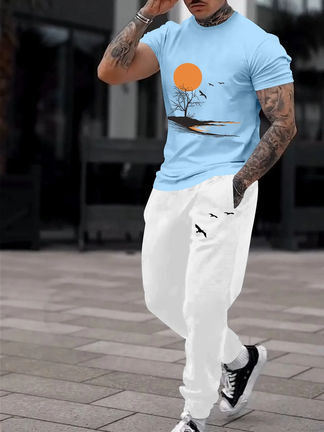 

Men's Set Golden Autumn Sunset River Tranquil Nature Landscape Art T-Shirt Vintage Anime Shirt Sweat Shirts Long Pants