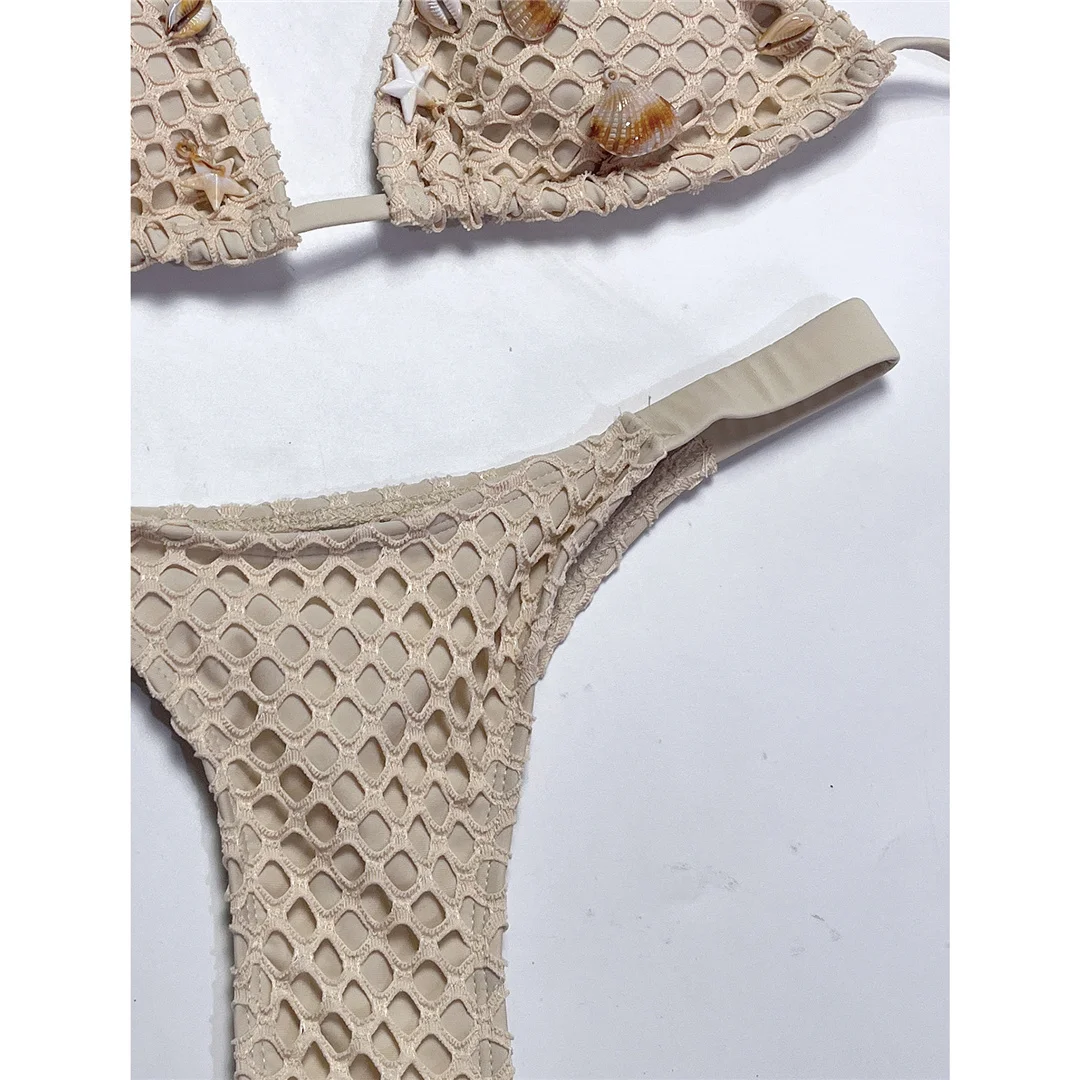 Ausgeschnittener Neckholder-Bikini mit Rüschen, zweiteiliger Badeanzug für Damen, gepolsterter Badeanzug, Badebekleidung, Schwimmanzug V7205 – Detail 4