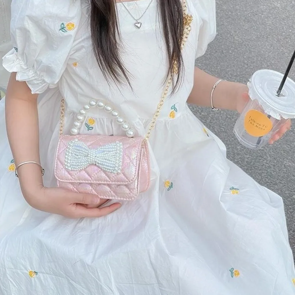 موضة بولي Leather الجلود اللؤلؤ حقيبة يد الكورية نمط صغير القوس حقيبة كروسبودي بلون حقيبة كتف الأطفال محفظة نسائية للعملات المعدنية تخزين الهاتف