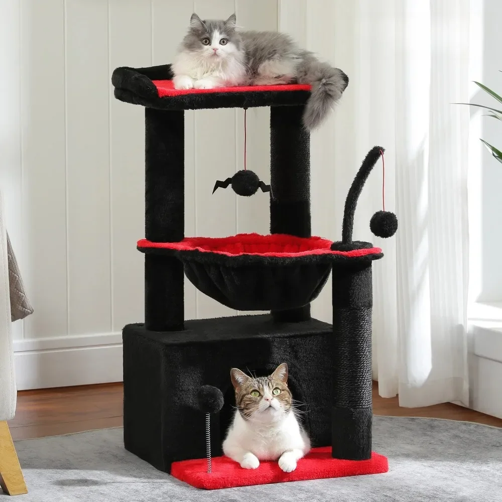 

Cat Tree, Cat Tree 33" Gothic Cat Scratching Posts Tower with Large Top Perch and Hammock for Medium Indoor Cats, Black