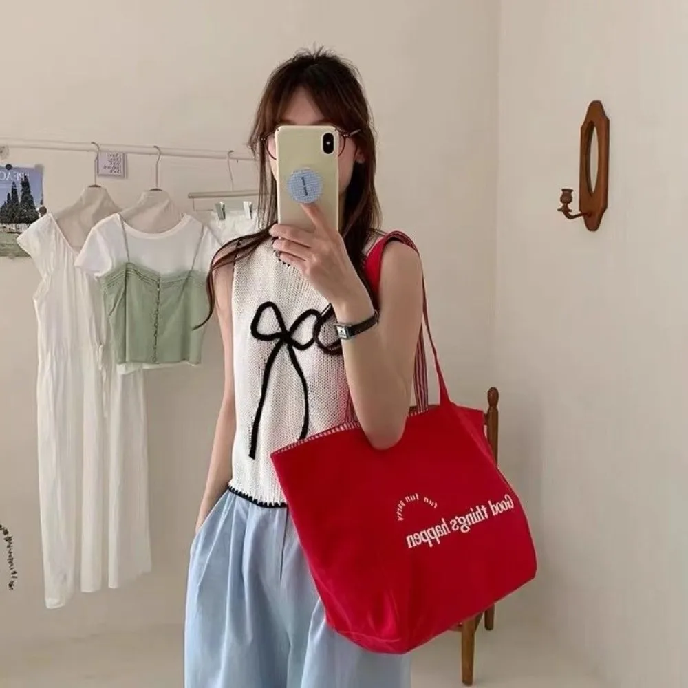 

Red Letter Canvas Shoulder Bags Available Striped Double-sided Women Tote Bag Casual Style Simple Design Letter Shoulder Bag