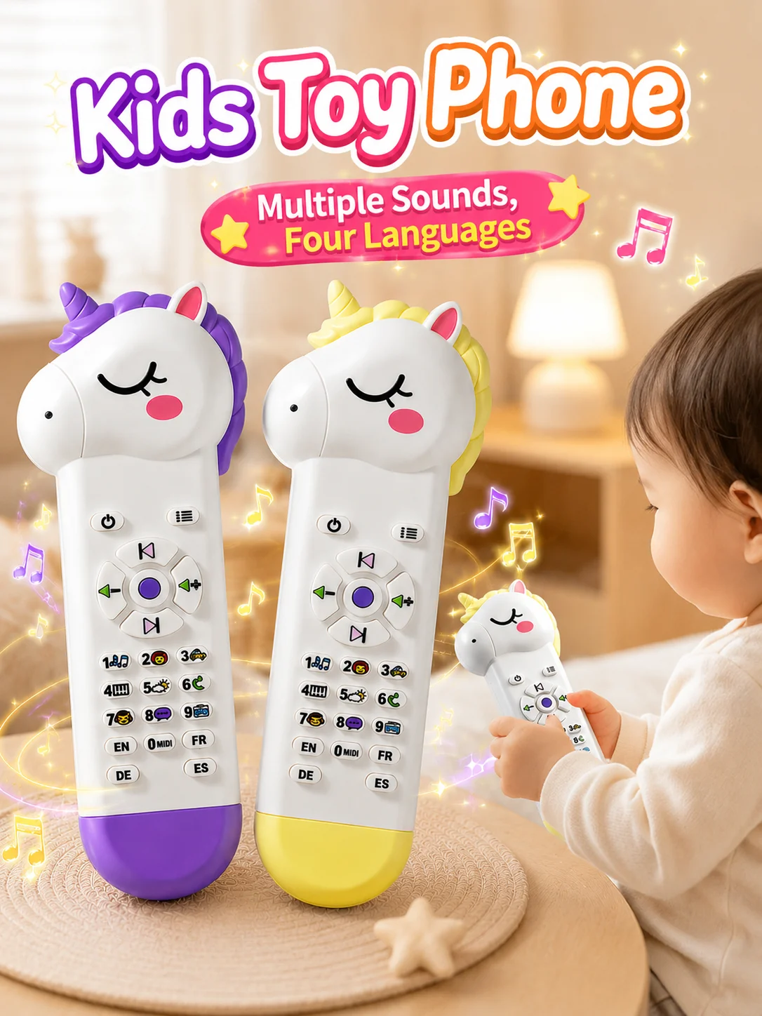 Unicorn baby Remote Control Toy, Phone with Music, Early Education Toy, Pretend Remote, 4 Languages, Suitable for Infants