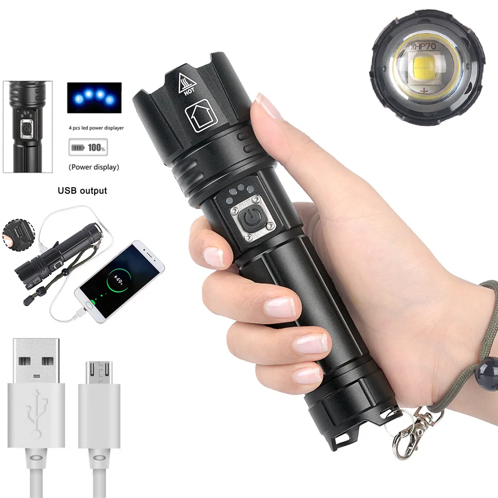 Super bright flashlight, LED aluminum alloy material, long-range waterproof, 5V, USB charging outdoor P-70 flashlight