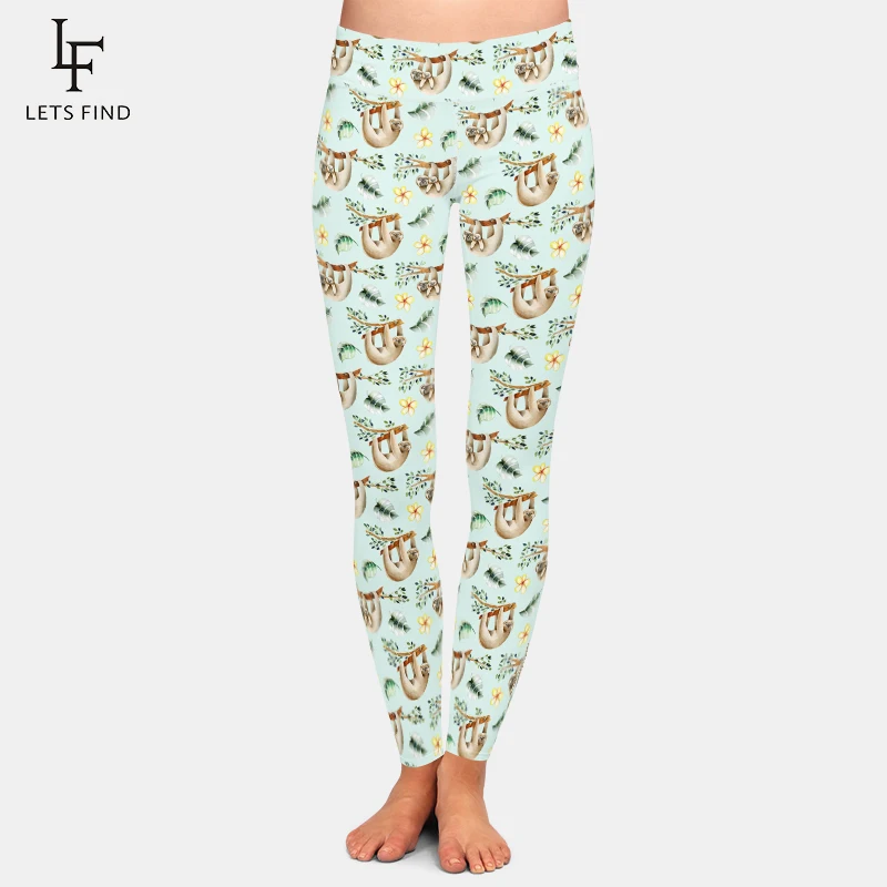 LETSFIND 2019 Women Leggings 220gsm Double Side Brushed Milk Silk Sloth Print High Waist Fitness Leggings