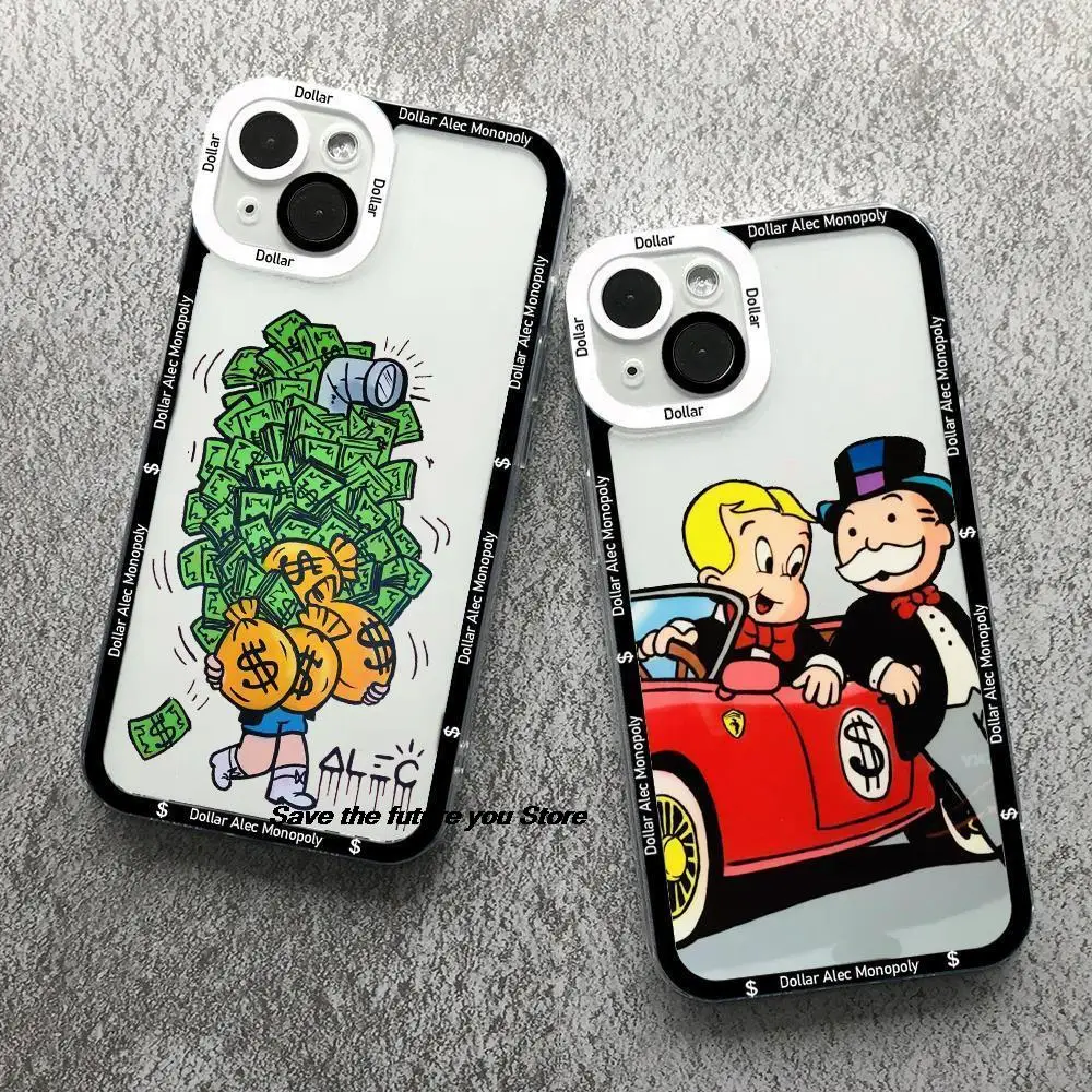 Trend Cartoon Dollar Alec Monopoly Phone Case For iPhone 13 12 11 14 15 16 Pro Max 14 15 16 PLUS Fashion Clear Soft tpu Cover