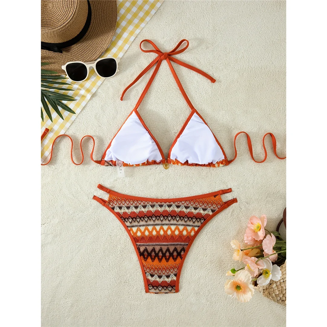 S - XL Bedruckter Neckholder-Bikini mit hohem Beinausschnitt, zweiteiliger Bikini-Set für Damen, Badeanzug, Badebekleidung, Badeanzug, Schwimmanzug V7307 – Detail 7