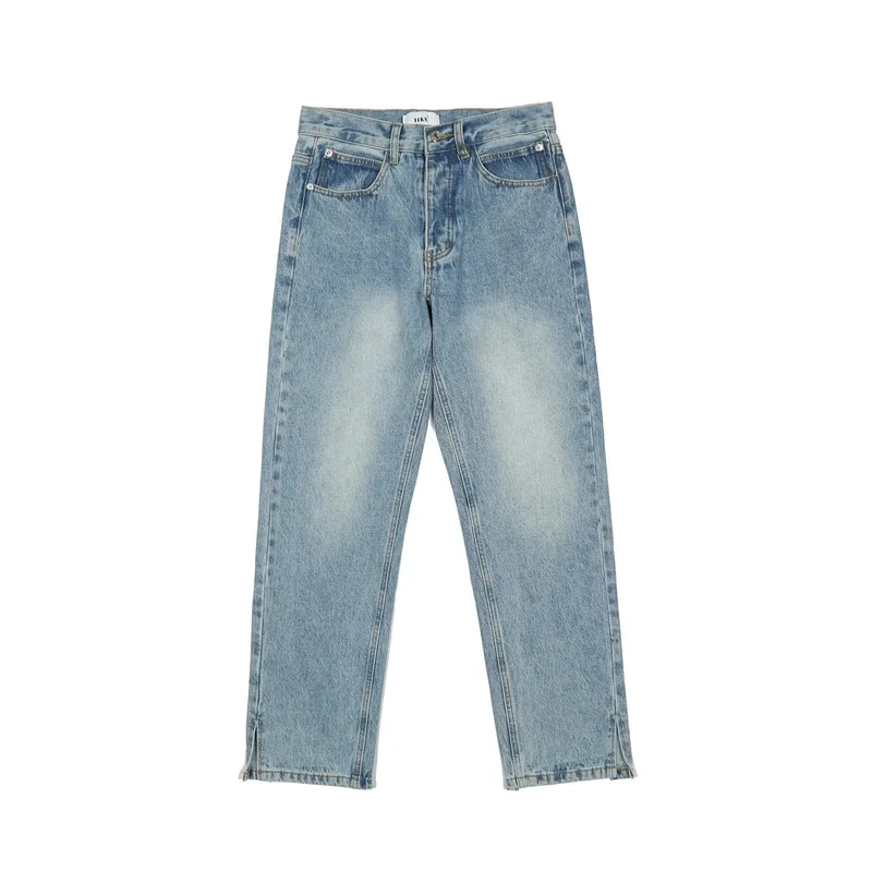 2022 New American Slit Jeans Spring Light Blue Casual Men's Pants Street Style Falling Feeling Ground Dragging Straight Jeans