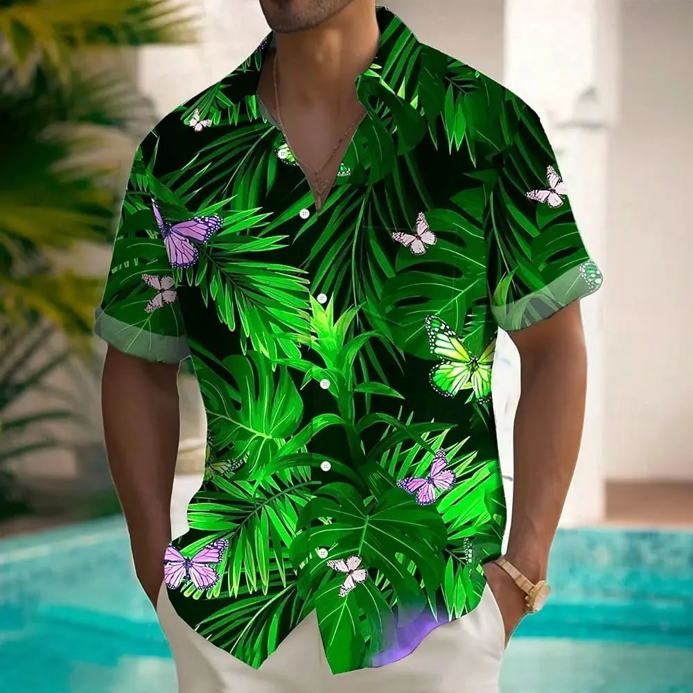 

Men's Palm Leaf Tropical Floral Hawaiian Shirt, Short Sleeve 3D Print Shirt with Chest Pocket, Blue Purple Pink Green