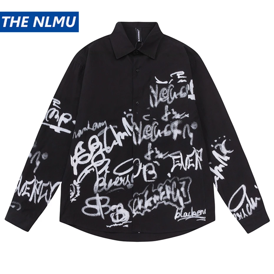 Graffiti Fashion Long Sleeve Shirts Harajuku Hip Hop Streetwear Oversized Shirts Men's Black Long Sleeve Shirts Button Up Blouse