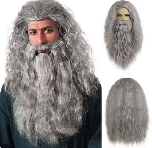 Dumbledore Cosplay Wig Synthetic Hair Halloween School Gandalf Wizard Costume Wig Man Albus Long Wave Grey Beard Wigs for Men