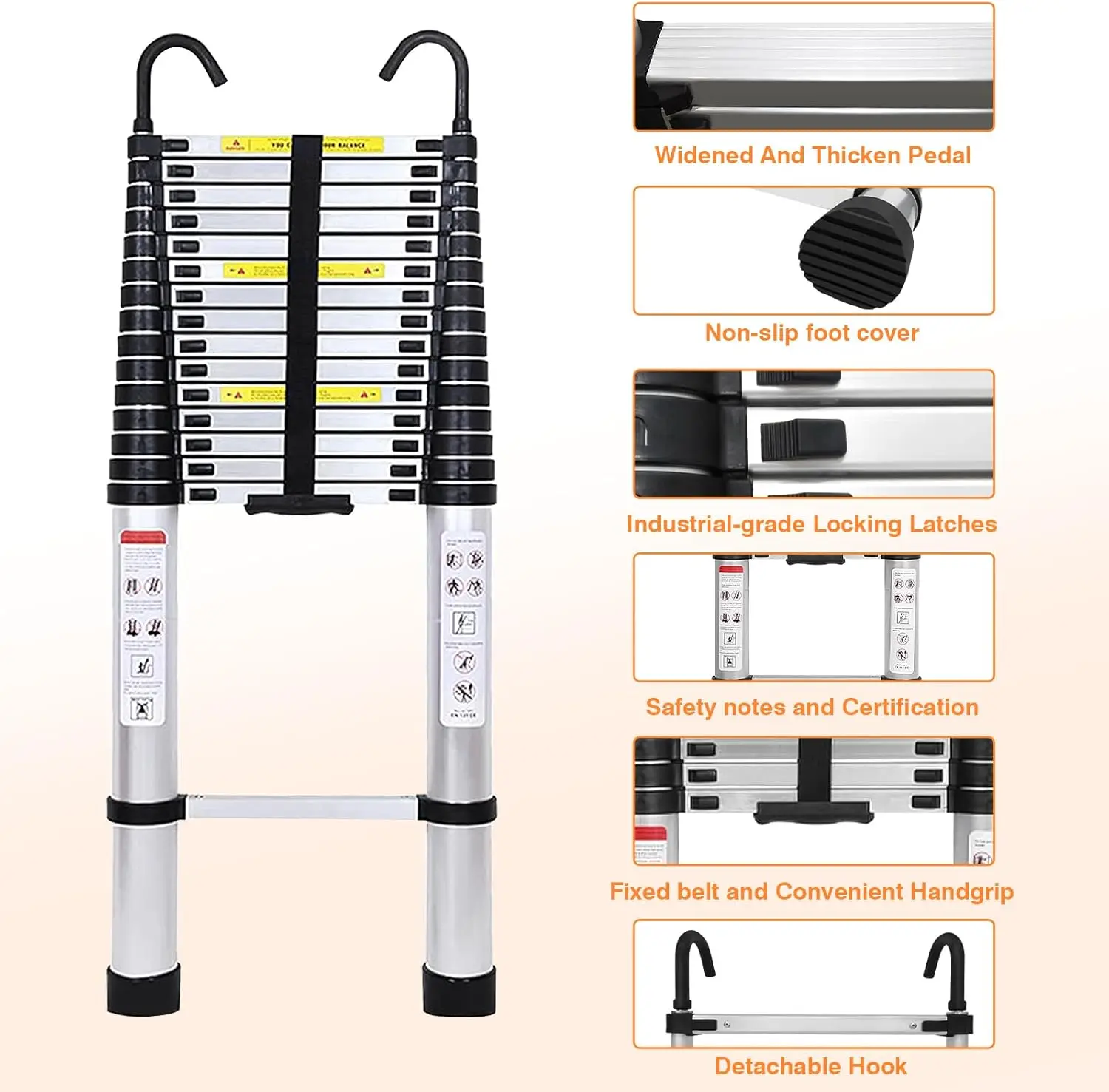 Telescoping Ladder 20.3FT 6.2M Extension Tall Loft Ladder with Hooks Slow Down Design Extendable Ladders Portable for Household