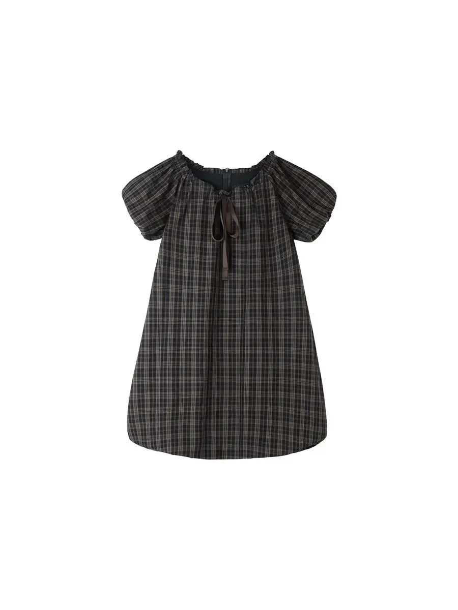 Nette Plaid Knospe Kleid Frauen 2025, Sommer Puff Sleeve Rundhals Krawatte Chic Kurze Kleider Japanischen Retro Süße Y2k Vestidos