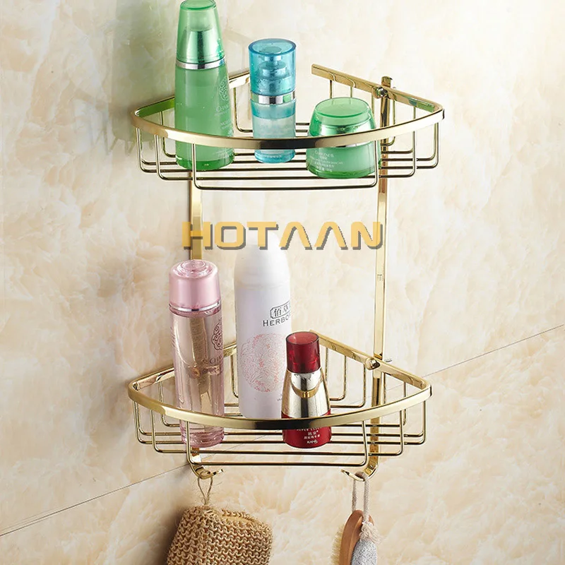 . Wall Mounted Gold Finish Brass Bathroom Shower Shampoo Shelf  Basket Holder Fashion Double Layer YT-7021
