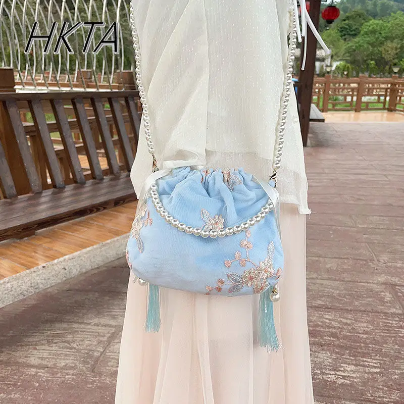 Estilo chinês bordado versátil balde portátil hanfu saco de cosméticos das mulheres lolita doce portátil pérola corrente bolsa de ombro menina