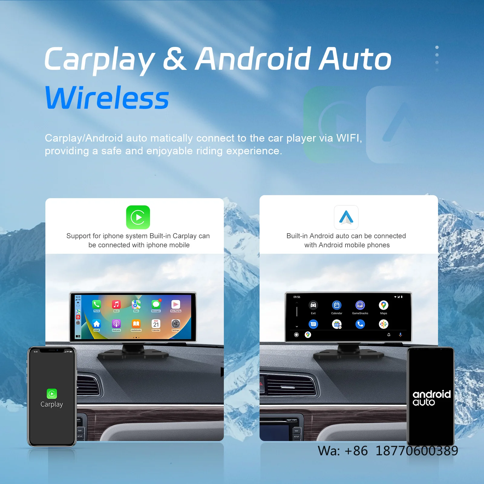 Podofo Monitor DVR Inalámbrico Portátil de 11.26'' con CarPlay y Android Auto, 4K, Doble Lente, Radio para Auto, Compatible con Cámara Trasera para Autos, Camionetas y Vans