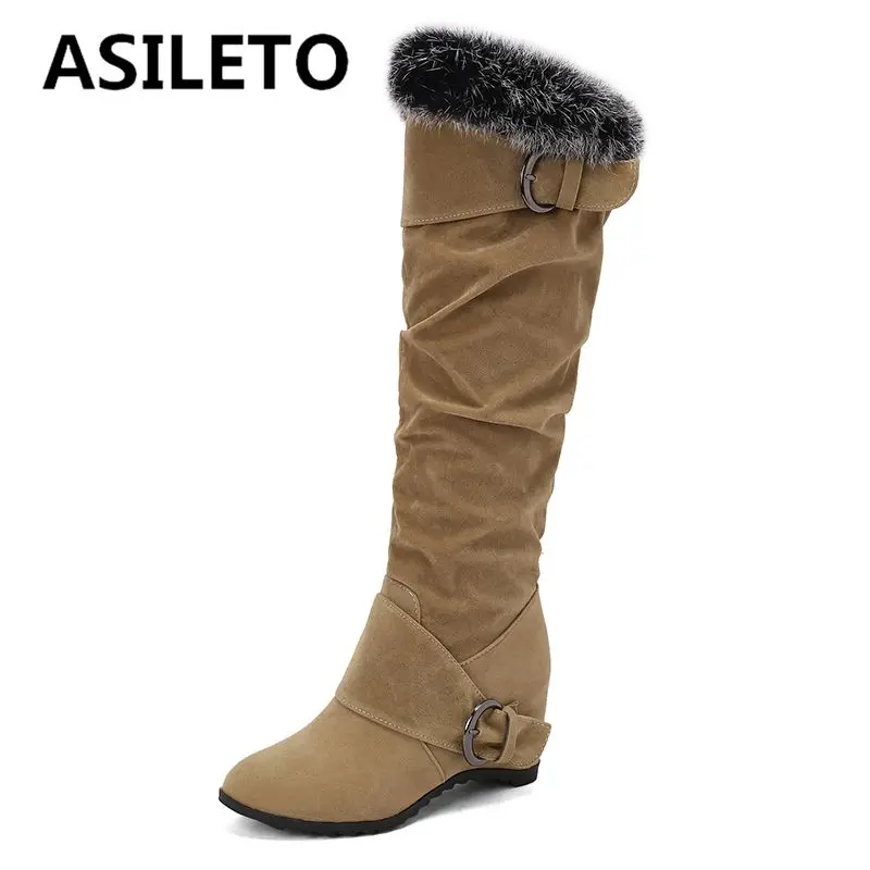 ASILETO Fashion Women Knee High Boots Flock Suede Round Wedges 7cm Pleated Belt Buckle Large Size 42 43 Party Dating Booties