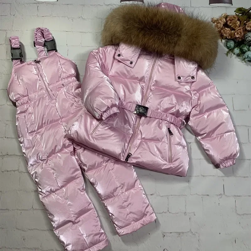 Children Winter Clothes Set -30 Degree Pink Down Jacket Jumpsuit Baby Girl Parka Real Fur Girl Thick Warm Snowsuit very thick