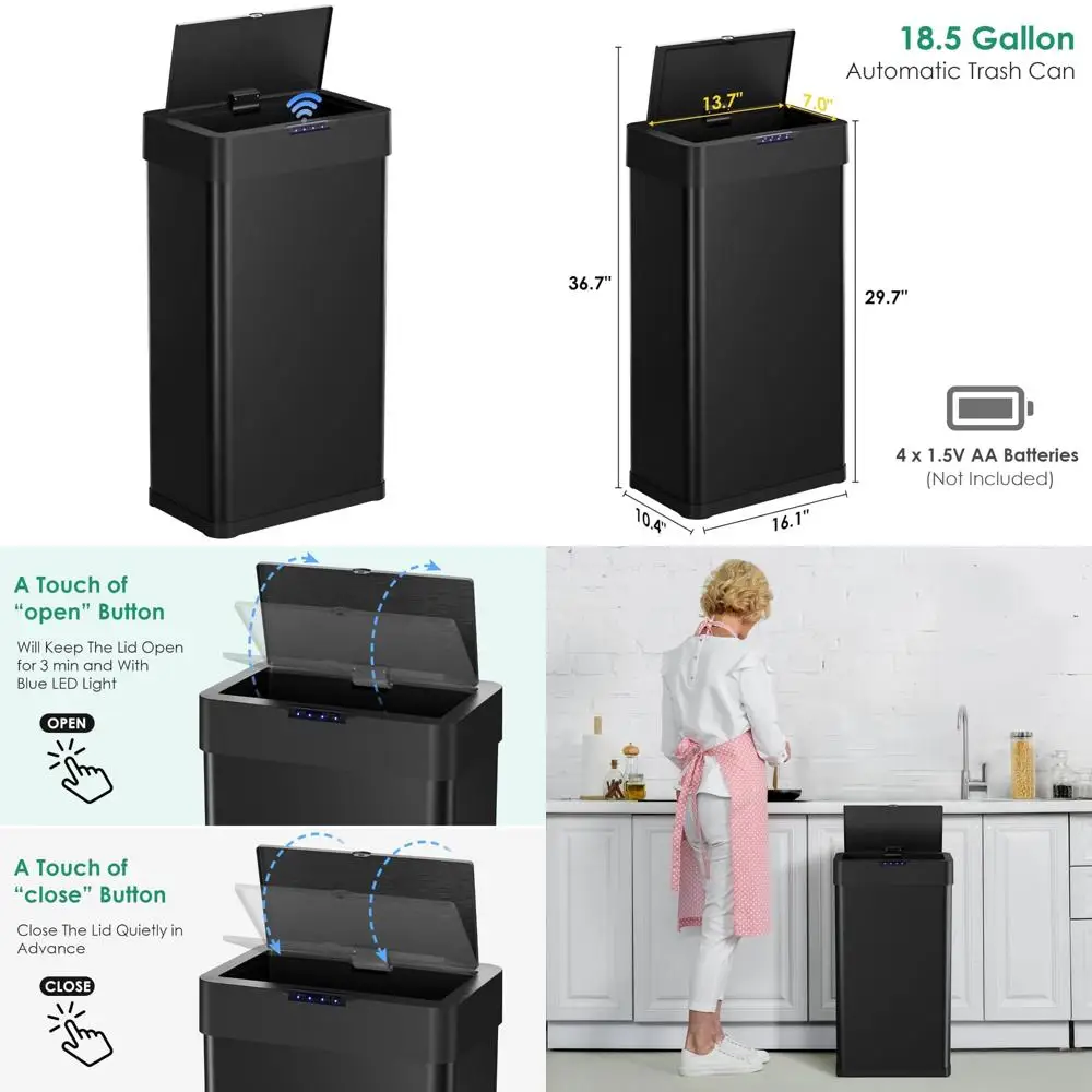 

мусорное ведро из нержавеющей стали с активацией движения, бесконтактным управлением, функцией остановки и открытия и крышкой с мягким закрыванием.